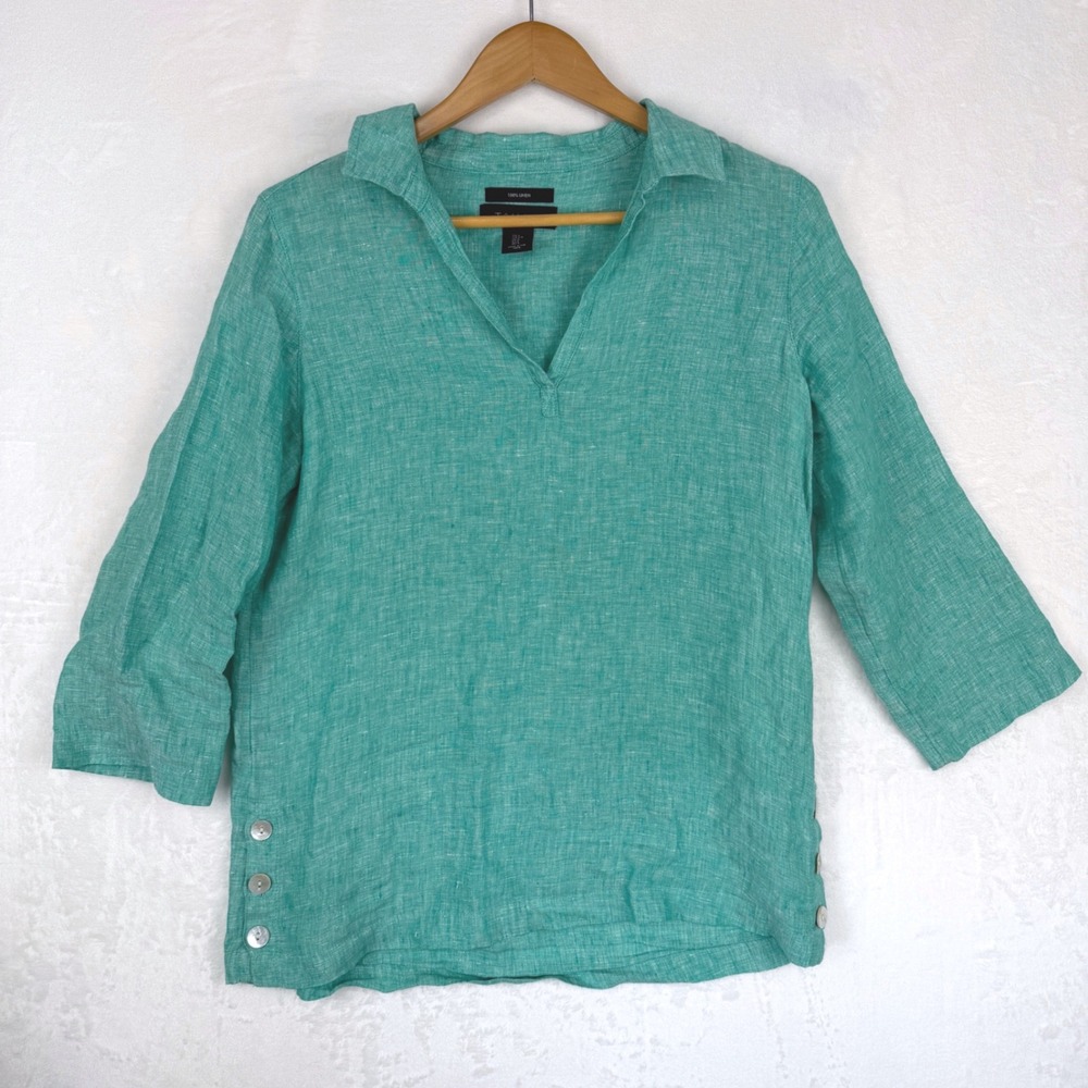Tahari Womens‎ Teal Green 100% Linen Split Neck Tunic Blouse 3/4 Sleeve Small